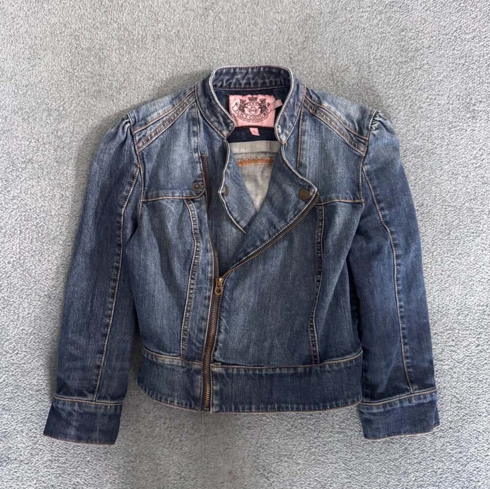 Juicy Couture Y2K Denim Jacket Size S Blue Moto Biker Puff Sleeve S
